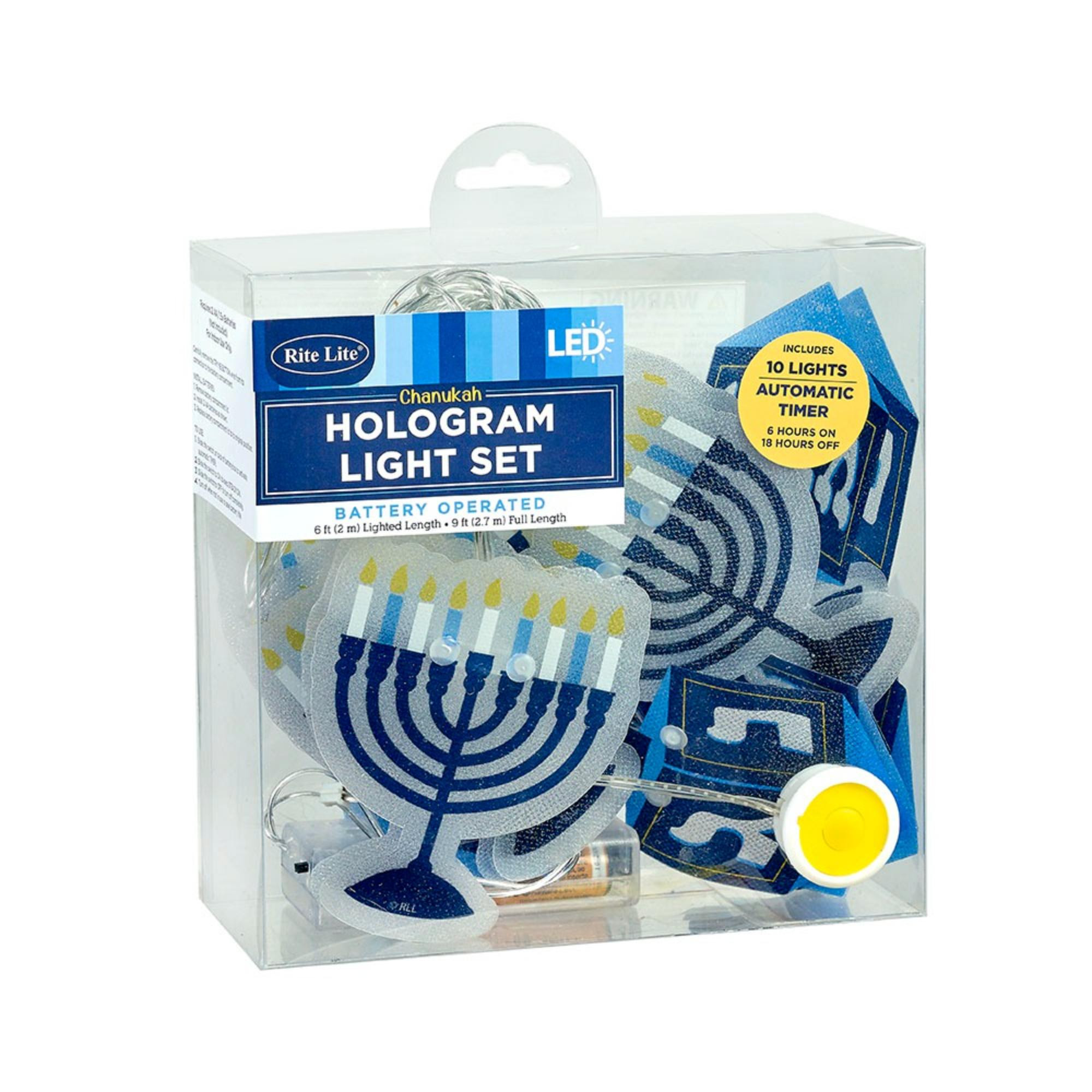 10-Count Blue & White Battery Operated Hologram Hanukkah Light Set, 6ft